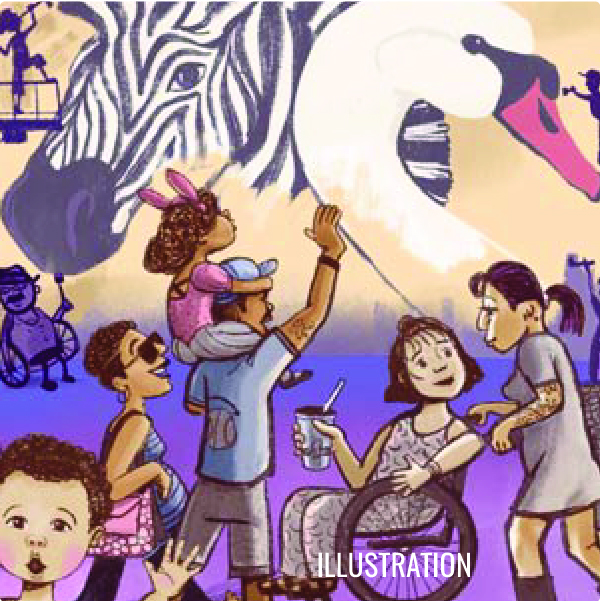Illustration button showing a party in front of a mural being painted